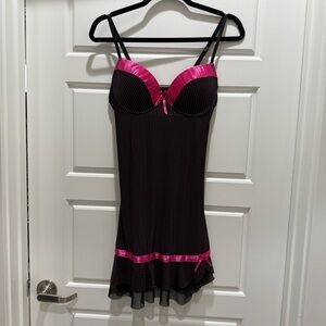 Inteco Intimates Black and Pink Lingerie Slip Dress Stripe Bow Costume Medium